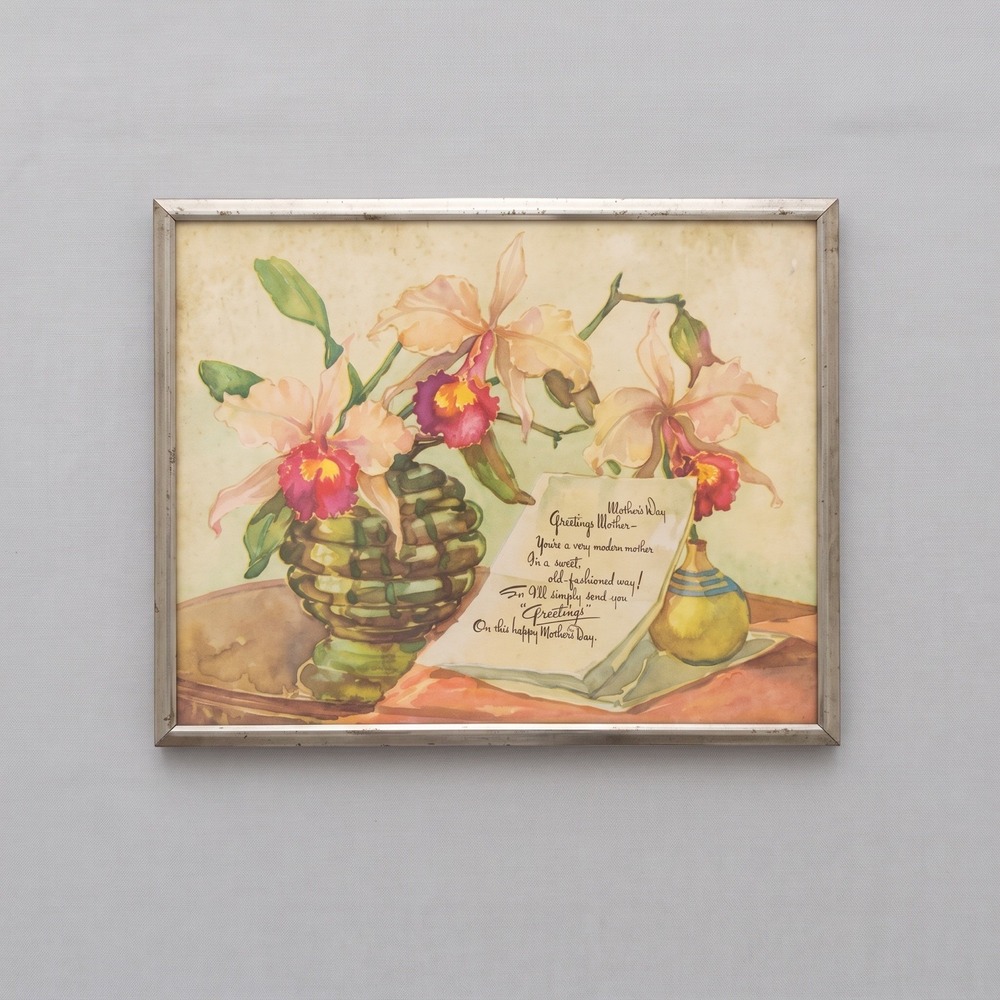 VTG 1930s Art Deco Mothers Day Pink Lilies Silver Frame Motto Print Percy Kim